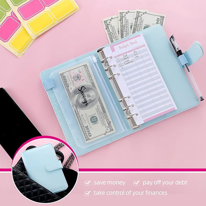NICOOTHBudget Binder Cash Envelopes A6 Money Saving Binder with Zipper envelopes (Blue)