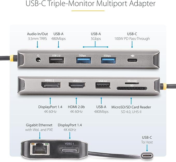 StarTech.com USB-C Docking Station for Windows and ChromeOS, Triple 4K HDMI DP Video, USB 10Gbps Hub, 100W Laptop Charging, GbE, SD, MicroSD