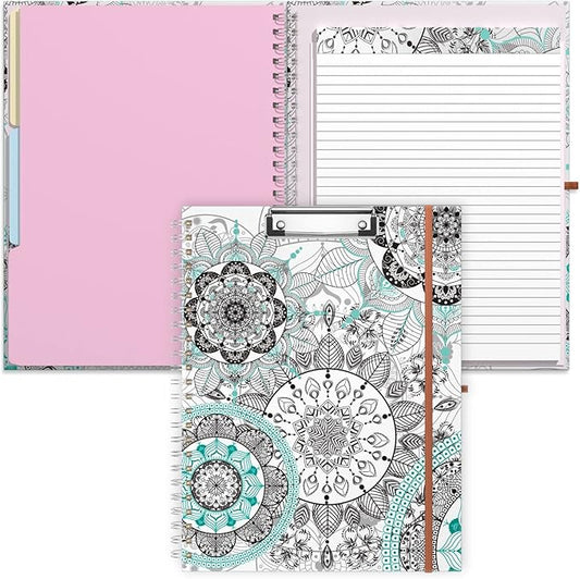 Rimilak Spiral Clipboard Folio with Refillable Lined Notepad, 14.5 x 9.8 In, Hardcover Cover with 5 Interior Pockets, Elastic Band and Pen Loop Series. Cute Stylish Clipfolio, Mandala Flower