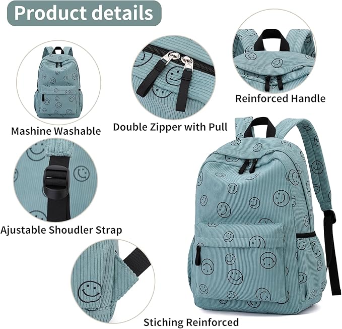Backpack for Girls Boy Teen Corduroy Bookbags Elementary Middle High School Women Laptop Bag with Lunch Box Pencil Bag (Smile Green)