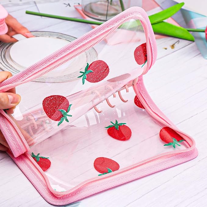 AxeWoodz Pink A6 Zipper Binder Clear Refillable Notebook Shell Cute Strawberry Lace Cover 6 Ring PVC Binder Cover for Photocard Planner Journal Photo Album