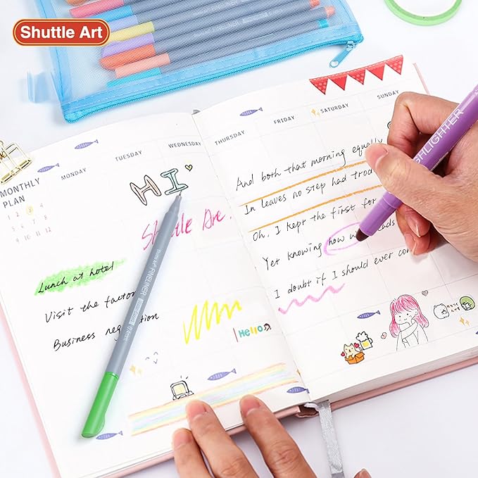 Shuttle Art Bible Highlighters and Pens No Bleed, 22 Pack Bible Journaling Kit, 10 Colors Gel Highlighters and 12 Colors Fineliner Pens with a storage bag, Bible Markers No Bleed Through