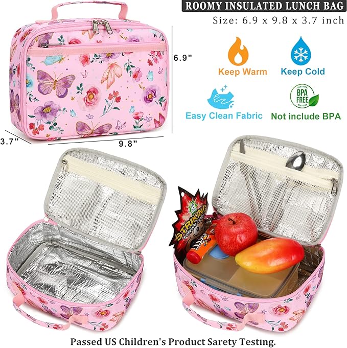 DSIUE Kids Backpack for Girls Elementary BookBags Teens Middle School Backpack with Lunch Box Butterfly Pink