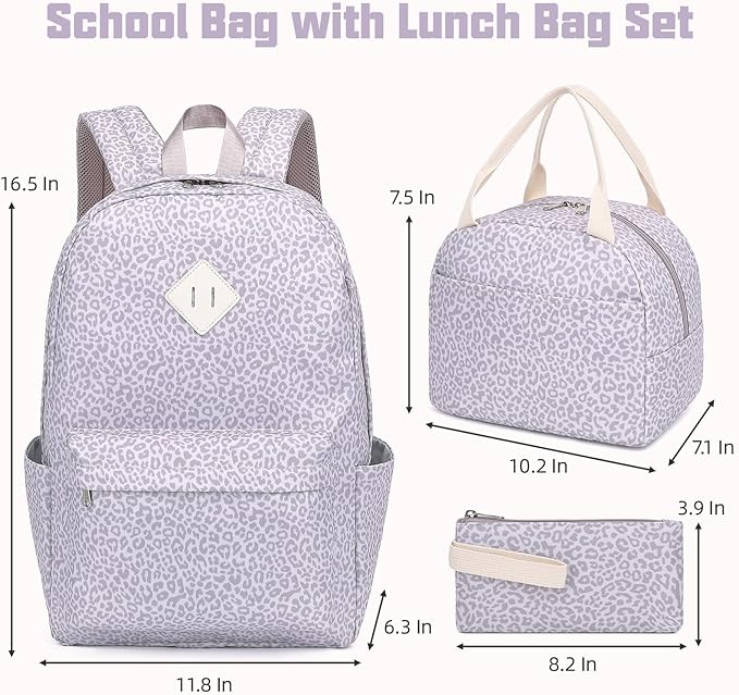 School Backpack for Girls, 3PCS Bookbags Set with Lunch Box Pencil Pouch Elementary Middle School Bag Laptop Back Packs (Purple Leopard)