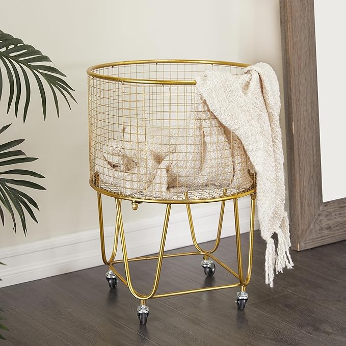 Deco 79 Metal Storage Cart Deep Set Metal Mesh Laundry Basket with Wheels, 16L x 16W x 24.95H, Gold