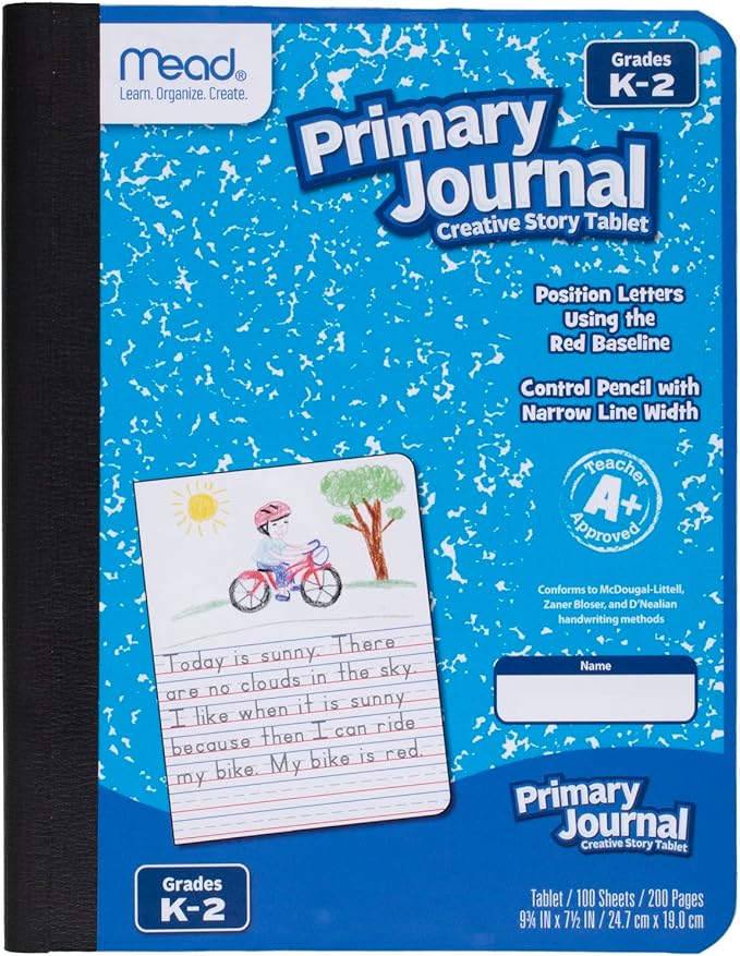 Mead Primary Journal, 4 Pack, Half Page Ruled, Grades K-2, 7-1/2" x 9-3/4", 100 Sheets per Journal, Assorted Colors (610051-ECM)