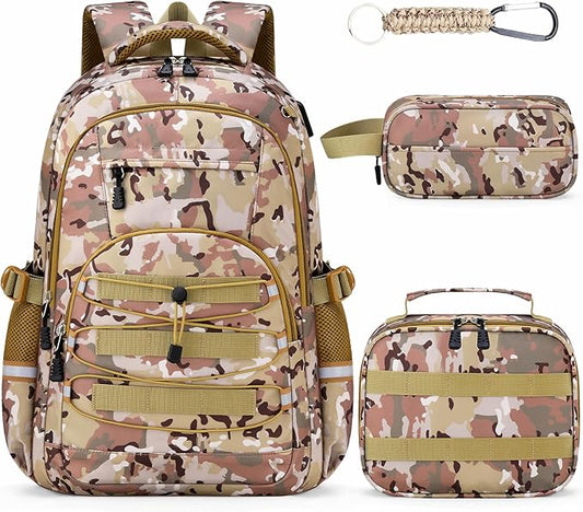 School Backpacks for Boys - 4pcs Camo Boys Backpacks with Lunch Box Set for Kids Teens Elementary Middle School, 18″ Large Capacity Students Bookbag, Perfect for Travel