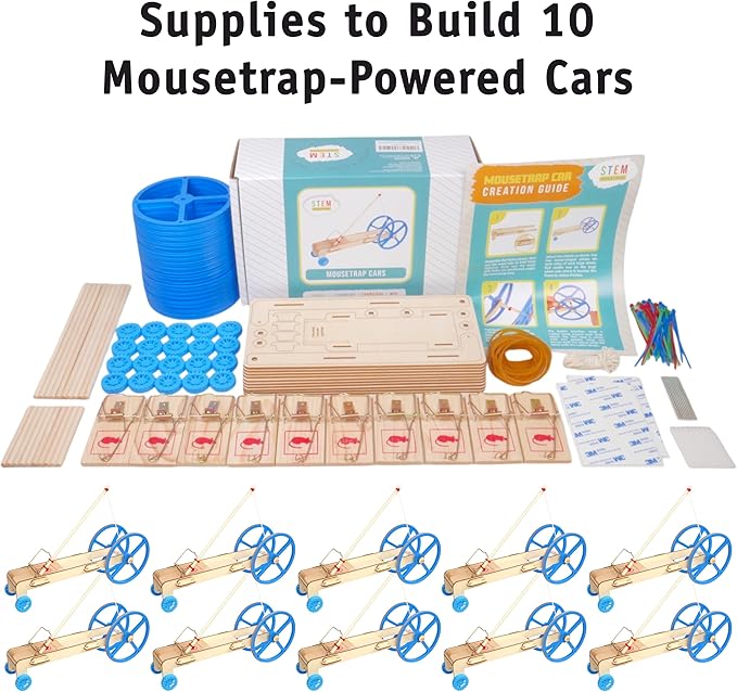 Mousetrap Car Kit (10-Pack) – Hands-On Physics & Engineering STEM Kits for Classroom Projects, Force & Motion Experiments, Elementary and Middle School Science Lessons, Ages 8 and up