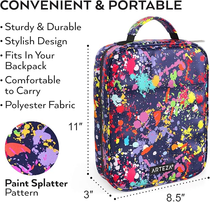 Arteza Pencil Case Organizer, 64 Elastic Slots, Paint Splatter Pattern, Large Capacity, Holds Up to 205 Pencils, Pens, and Markers