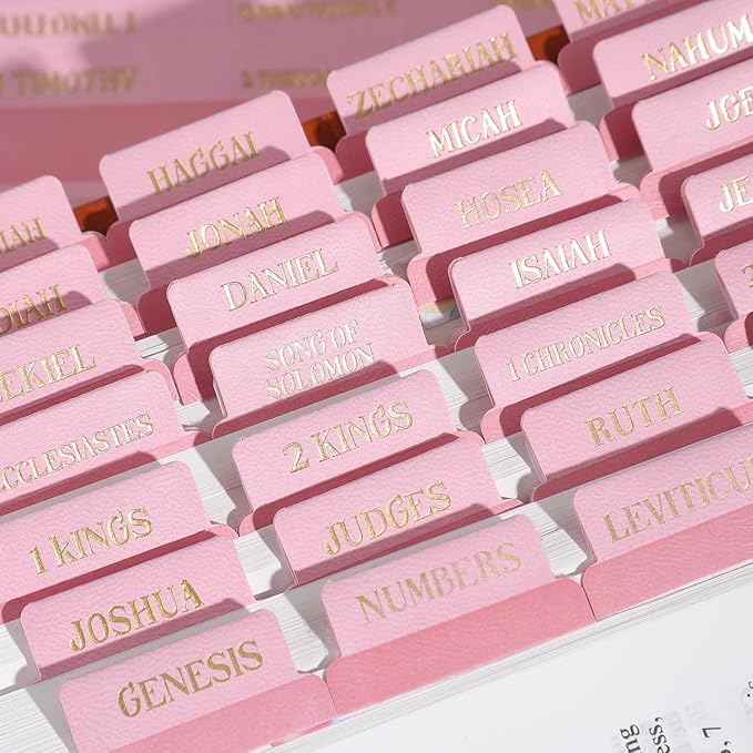 Leather Bible Tabs, Bible Tabs for Women and Men(Gold Foil Lettering) Large Print Stickers, Easy to Read and Apply, 66 Chapters & 14 Blank DIY Labels for Easy Navigation, Christian Accessories(Pink)
