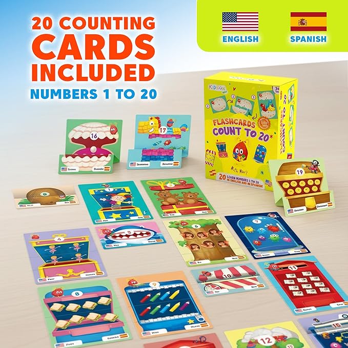 Kidrox Counting Flash Cards Learn to Count 1 to 20, English Number Learning Cards with Spanish Translations Included, Hook & Loop Fasteners