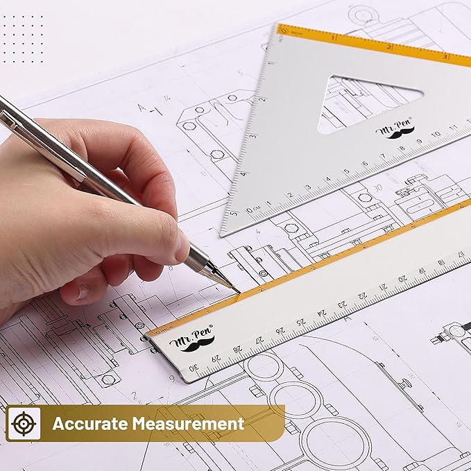 Mr. Pen- Geometry Set, Yellow Stripes, 4 Pack, Metal Geometry Kit, Triangle Ruler, Metal Ruler, Drafting Triangles, Metal Protractor, Metal Set Square, Drafting Ruler, Drafting Set