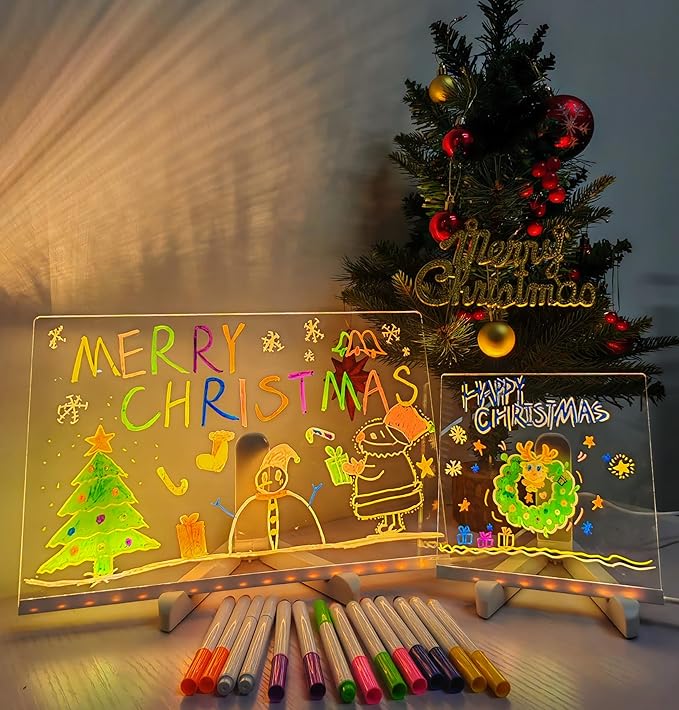 2 Set LED Note Board with Colors, Glowing Acrylic Dry Erase Board, 11.8 x 7.87 and 5.9 x 5.9 Two Sizes Illuminating Dry Erase Board with Stand, for Study, Work and Personal Creative Use