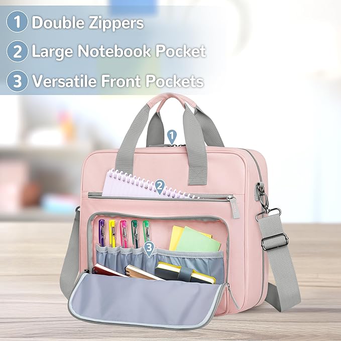 Yarwo 3 Ring Zipper Binder with Binder Pouch, Expanding File Organizer with Padded Sleeve Fit for 14 Inch Laptop, Portable Document Organizer Bag for Home, College, Office Supplies, Pink