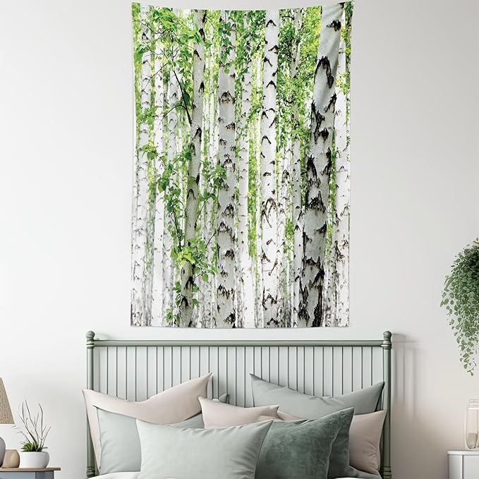 Ambesonne Woodland Tapestry, Birch Trees in The Forest Summertime Wildlife Nature Outdoors Themed Picture, Fabric Wall Hanging Decor for Bedroom Living Room Dorm, 23" X 28", White Green