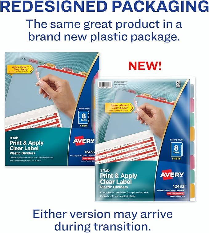 Avery 8 Tab Plastic Dividers for 3 Ring Binder, Easy Print & Apply Clear Label Strip, Index Maker Customizable Multicolor Tabs, 5 Sets (11433)