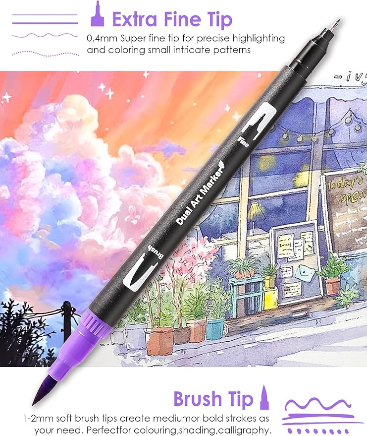 Art Markers Pens Dual Tip Coloring Markers Set with Brush & Fine Nib for Adult Coloring Book Christmas Gifts Professional Calligraphy & Drawing Art Supplies Kit for Adults (72 Colors)