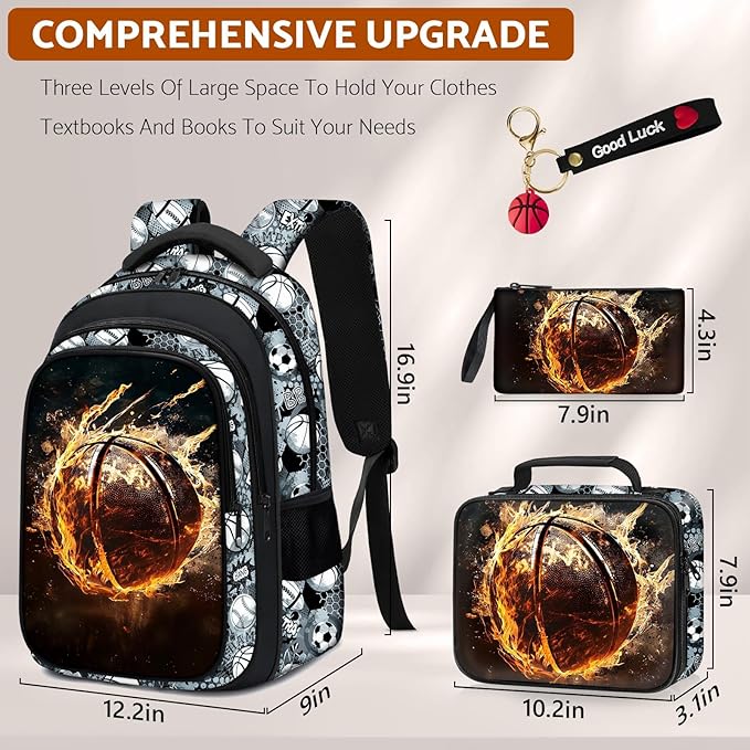 School Backpack for Boys - 4pcs Basketball Boys Backpack with Lunch Box Set for Kids Children Teens Elementary Middle School - 17″ Sport Bookbag Travel Back Pack for Age 6-18