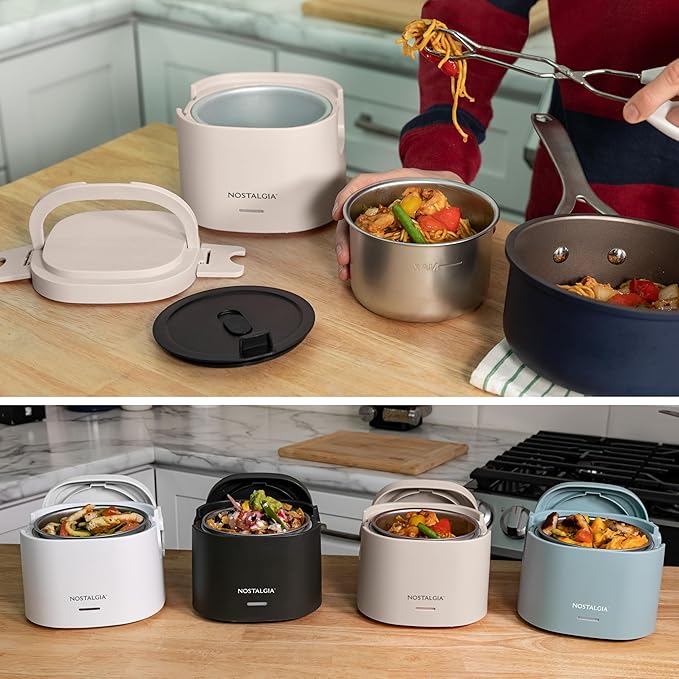 Nostalgia Portable Heated Lunch Box – 2.5-Cup Stainless Steel Food Warmer – Detachable Cord, Leak-Proof Lid, Carry Handle – Portable for Work & Travel – Oatmeal