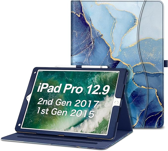 Fintie Multi-Angle Case, 2017/2015 iPad Pro 12.9 inch (Old Model) 1st & 2nd Gen Case - [Corner Protection] Folio Stand Cover with Pencil Holder & Pocket, Auto Wake/Sleep, Ocean Marble