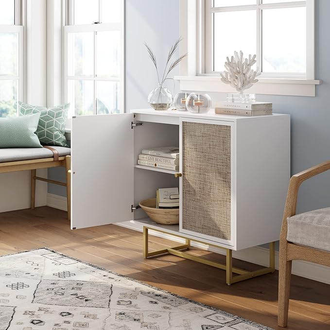 Nathan James Kova Rattan Wood Accent Natural Sideboard Storage Cabinet with Matte Metal Frame, Adjustable Interior Shelves and Cane Doors, for Hallway, Entryway or Living Room, White/Cane/Brass