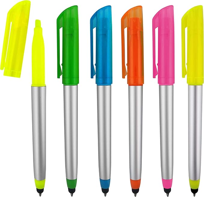 Stylus Ballpoint Pen with Highlighter Tips, 3 in 1 Combo Stylus for Touchscreens, Writing Pen and Highlighter, Black Ink, Pack of 5