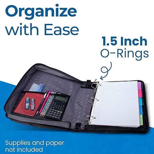Case-it The Universal 2.0 Zipper Binder -1.5 Inch D-Ring - Removable Padded Pocket Holds Up to 13" Laptop/Tablet - Multiple Pockets - 350 Page Capacity - Comes with Shoulder Strap - Jet Black LT-207