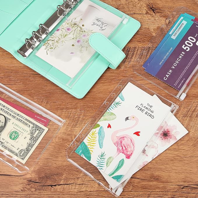 60pcs Binder Pockets 6 Holes Zipper Folders Transparent PVC Card Loose Leaf Bags Cash Envelopes for Budgeting Binder Waterproof Document Filing Bags for 6 Ring Notebook Planner Inserts