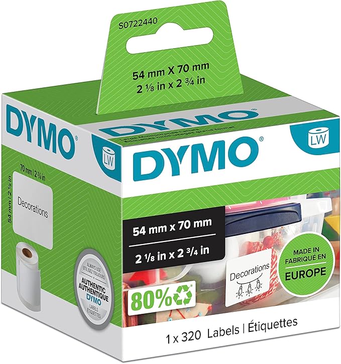 Dymo 54 mm x 70 mm LW Multi-Purpose Labels, Roll of 320 Easy-Peel Labels, Self Adhesive, for LabelWriter Label Makers, Authentic