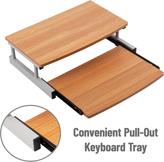 Mind Reader Monitor Stand, Sliding Keyboard Drawer, Laptop, Riser, Office, Wood/Metal, 20"L x 14.75"W x 5.9"H, Brown, Silver