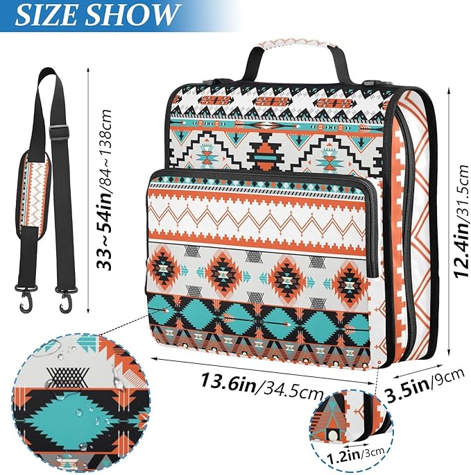 Aztec Indian Paisley Western Zipper Binder Bag 3 Ring Binder with Shoulder Strap Zip Up 500 Sheets Capacity Multi Pockets for School Office Supplies