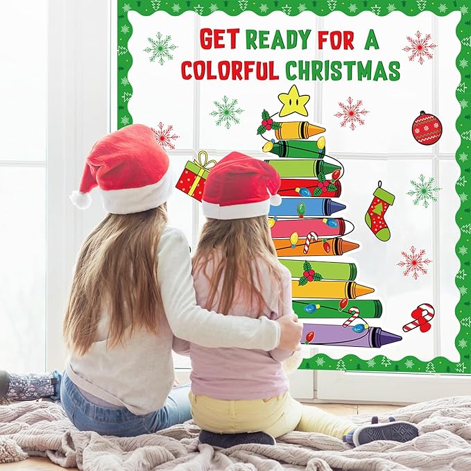 gisgfim Christmas Bulletin Board Decoration Set Colorful Crayon Christmas Tree Paper Cutouts Holiday Classroom Bulletin Board Decor for Xmas Winter Holiday Party School Door Home Wall(Crayon)