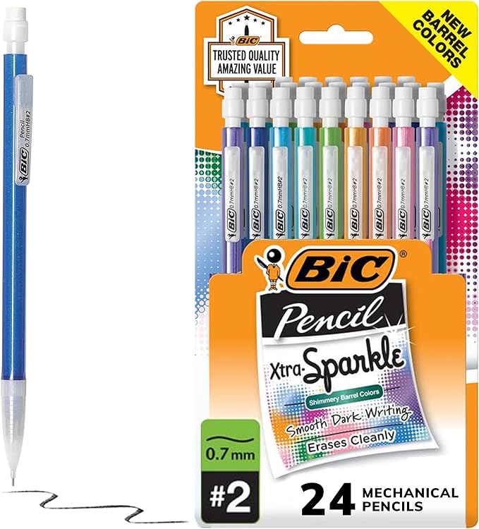 BIC Xtra-Sparkle Number 2 Mechanical Pencils With Erasers, Medium Point (0.7mm), 24-Count Pack, Mechanical Pencils for School Supplies