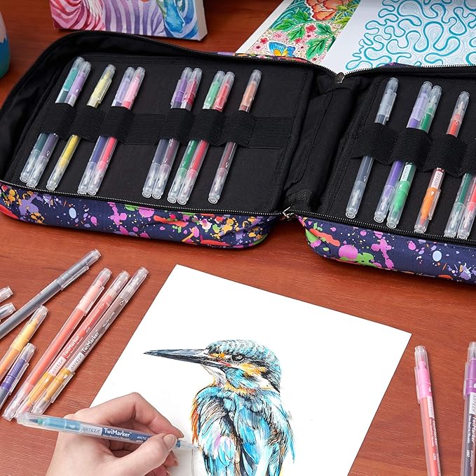 Arteza Pencil Case Organizer, 64 Elastic Slots, Paint Splatter Pattern, Large Capacity, Holds Up to 205 Pencils, Pens, and Markers