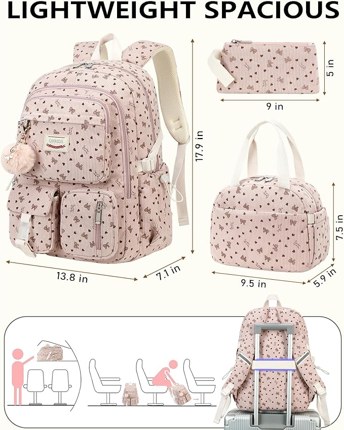School Backpack Set for Teens Girls Women 3PCS Corduroy Lightweigh Laptop Backpacks with Lunch Box Pencil Kids Elementary Middle High Bags Students 3 in1 Bookbag Travel Daypack, Pink Bowknot