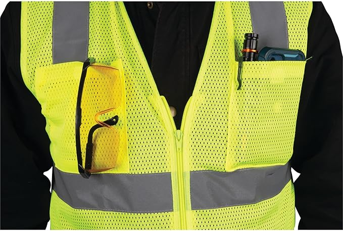 Performance Tool W1580 High-Visibility Reflective Safety Vest, Chest Pockets, Zip Closure, Neon Yellow