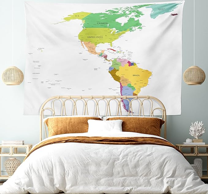 Ambesonne Map Tapestry, Map of South and North America with Countries Capitals and Major Cities Colorful Design, Fabric Wall Hanging Decor for Bedroom Living Room Dorm, 45" X 30", Green White