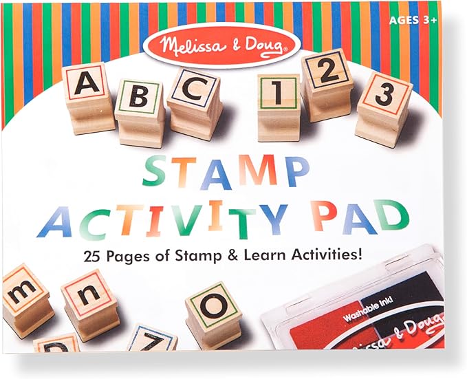 Melissa & Doug Deluxe Letters and Numbers Wooden Stamp Set ABCs 123s With Activity Book, 4-Color Stamp Pad - FSC Certified