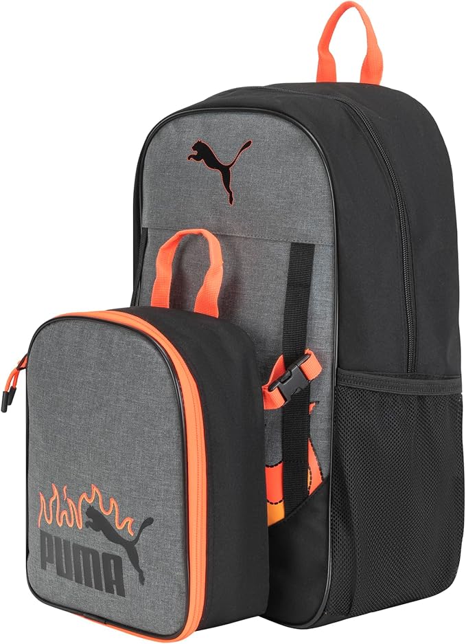 PUMA Unisex Kid's Colony Lunch Kit & Backpack Combo, Heather Grey/Heat Fire, Medium