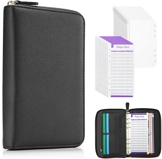 SEEKIND A6 Budget Binder, Money Saving Binder with Zipper Envelopes, PU Leather Wallet Budget Planner,Cash Envelopes and Expense Budget Sheets for Budgeting(Black)