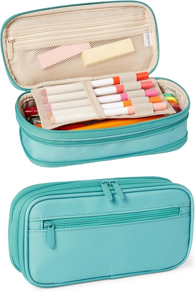 Amazon Basics Large Capacity Pencil Case with Durable Zipper, Multi-Compartment, Cyan Mild