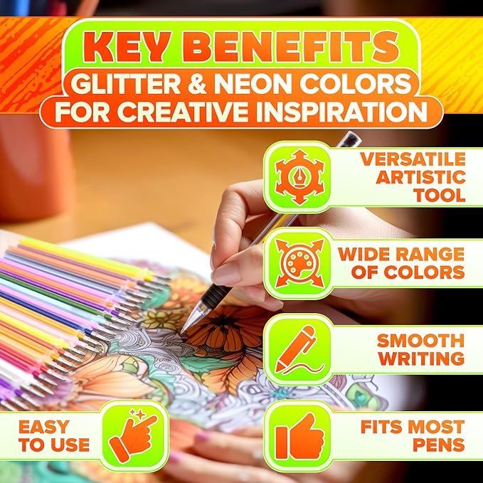 120 Pcs Glitter Gel Pen Refills for Adult Coloring - Colored Gel Pens Refills, 0.8-1.0 mm Thick Line, Good for Coloring, DIY, Scrapbook, Card & Decor - Pastel, Metal, Neon & Glitter Colors