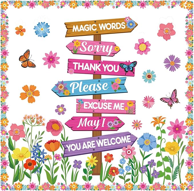 Epakh Spring Bulletin Board Decorations Set Spring Flowers Classroom Decor Flower Butterfly Accents Signpost Paper Cutouts for Door Wall Butterfly Floral Theme Party Supplies