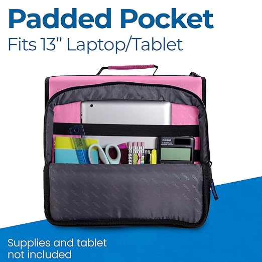 Case-it Universal Zipper Binder | 2-Inch O-Rings, 13-Inch Laptop/Tablet Padded Pocket, 400 Sheet Capacity, Multiple Storage Pockets & Shoulder Strap | School & Office Organizer | LT-007 Light Pink