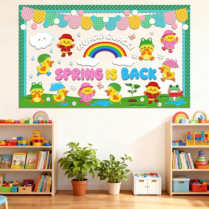 104Pcs Spring Bulletin Board Decorations, Spring Duck Bulletin Board Decorations Set, Spring Rainy Rainbow Cloud Spring Decorations for Office Classroom Home, Spring is Back Bulletin Board Decorations