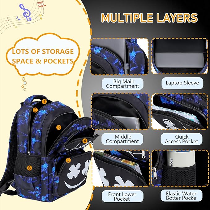 Boys Backpack with Lunch Box Glow in Dark Kids Ages 4-12 Kindergarten Elementary Middle School Teens Bookbag Mochilas Para Niños, Luminous Face Red
