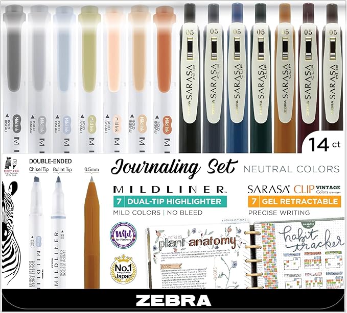 Zebra Pen Sarasa Clip Vintage and Mildliner Neutral Set, Ideal for Bible Highlighting, No Bleed, Ideal for Bible Highlighting and Bullet Journaling, Fine Point, Assorted Colors, 14-Pack (10114)