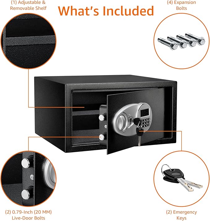 Amazon Basics Steel Security Safe and Lock Box with Programmable Electronic Keypad, for Valuables, Cash, Jewelry, Documents, Black, 1 Cubic Foot, 16.9-x-14.6-x-9.1-inches (WxDxH)
