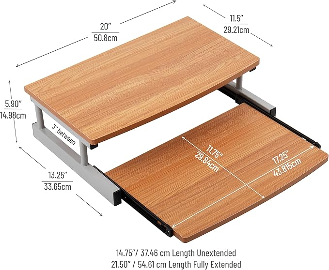 Mind Reader Monitor Stand, Sliding Keyboard Drawer, Laptop, Riser, Office, Wood/Metal, 20"L x 14.75"W x 5.9"H, Brown, Silver