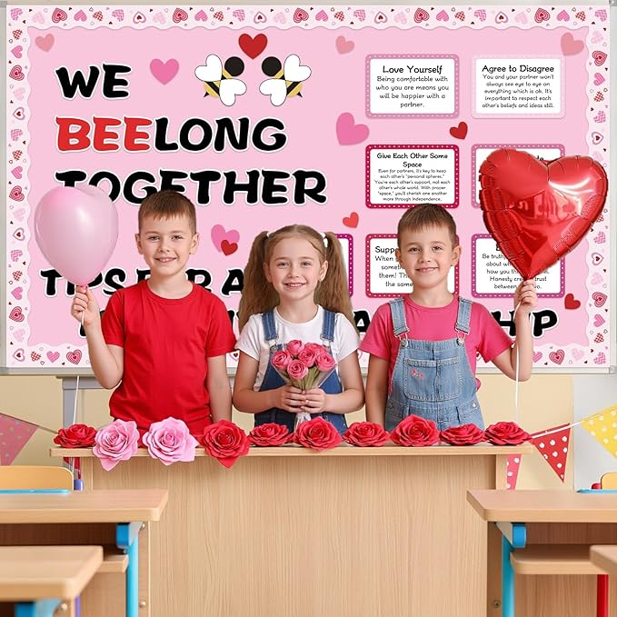 Valentine's Day Bulletin Board Set We Bee Love Heart Classroom Decorations Bee Long Together Paper Cutouts Healthy Relationship Tips Bulletin Board for Valentines School Office Door Decor Supplies